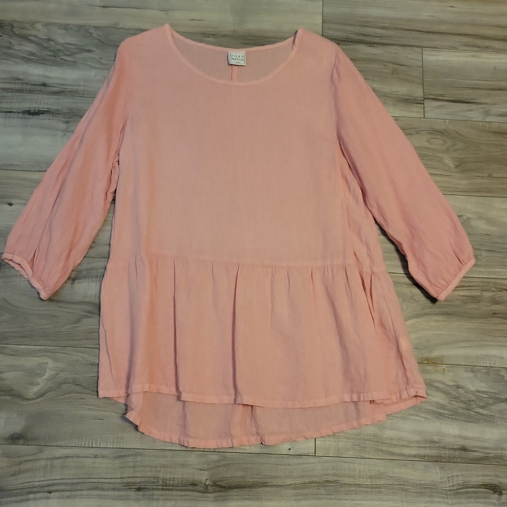 Pure Match USA Women Linen Pink Top Blouse 3/4 Sleeve Size Large‎ Lagenlook